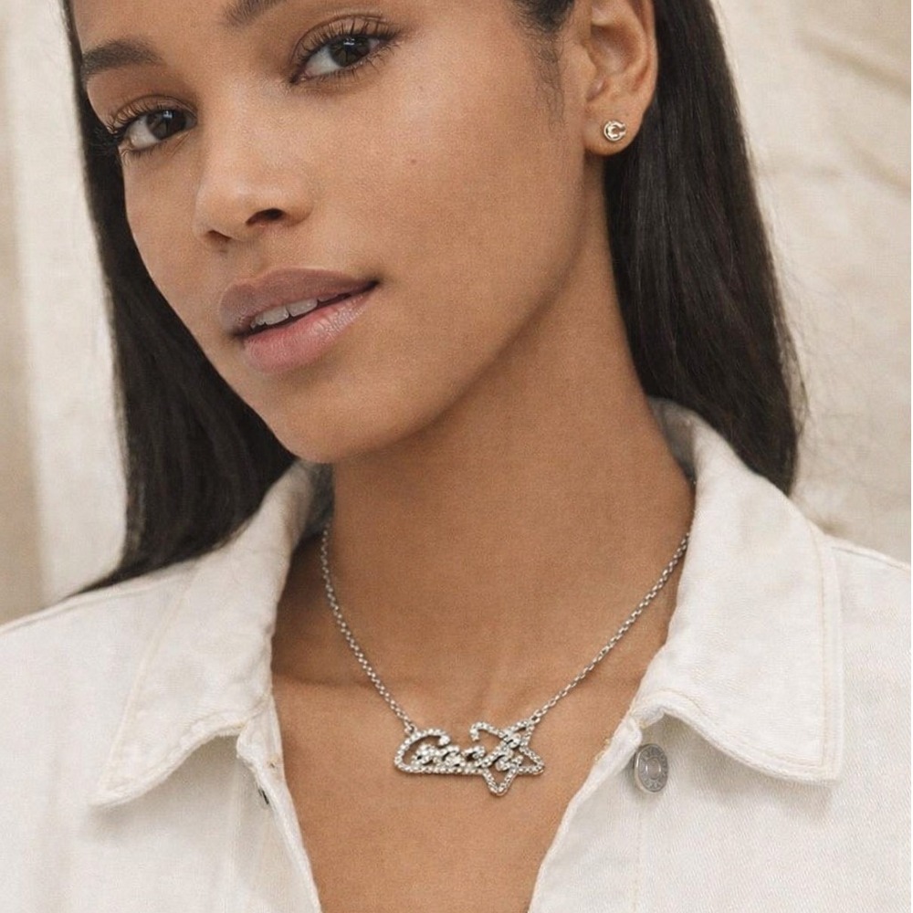 Coach Script Star Pendant Necklace Silver Tone Pavé Rhinestone 16-18 Inch NEW‎